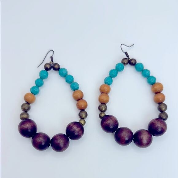 Handcrafted Beaded Earrings in Turquoise and Brown - Picture 2 of 7
